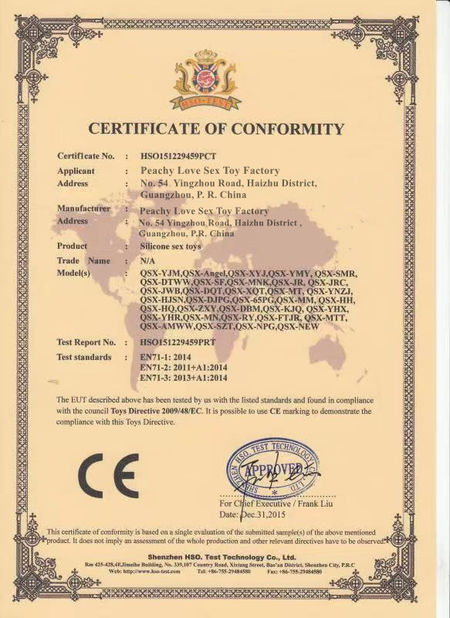 China Peachy Love Sexy Toy Factory Certificaten